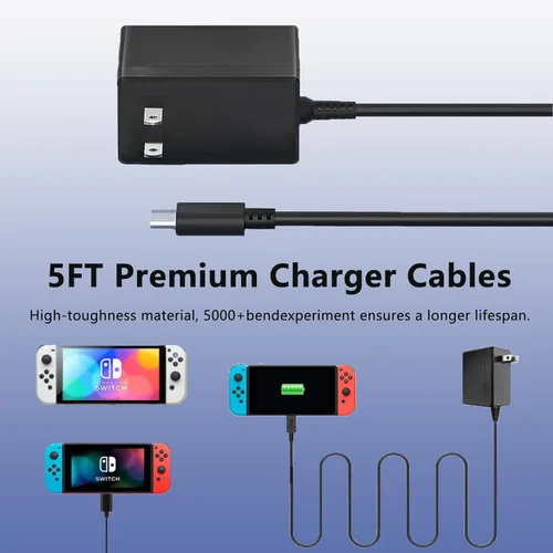 Vista 4 de Cargador para Nintendo SwitchSwitch LiteSwitch OLEDSteam Deck, adaptador de CA de 15 V2.6 A, cargador portátil de carga rápida con cable USB-C de 5