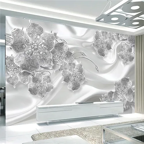 Vista 2 de Papel tapiz fotográfico 3D de flores de diamante plateado de lujo, papel tapiz removible, decoración de pared para sala de estar, dormitorio, fondo