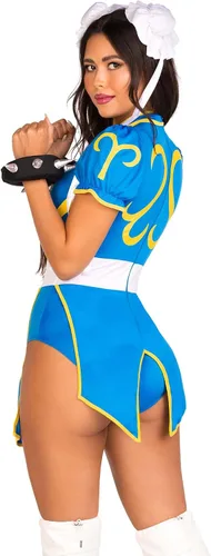 Vista 3 de Leg Avenue Disfraz de ChunLi de Street Fighter para mujer, Azul Patchwork