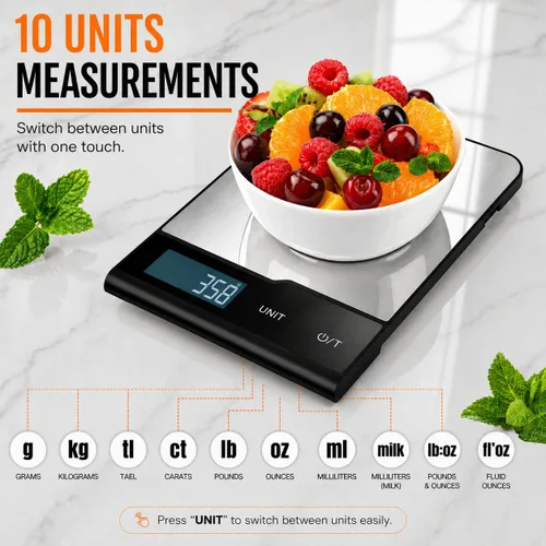 Vista 4 de Báscula digital de cocina, 22 libras, acero inoxidable, gramos y onzas para hornear y cocinar, precisión de 0.04 oz