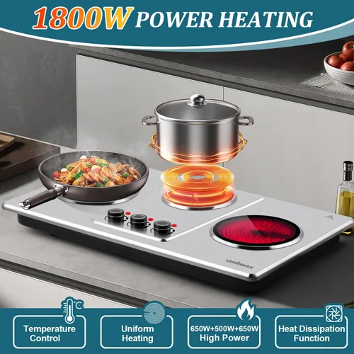 Vista 3 de CUSIMAX - Placa de cocción eléctrica de 7" de vidrio cerámico, quemador triple infrarrojo de encimera, placa caliente eléctrica para cocinar, 11
