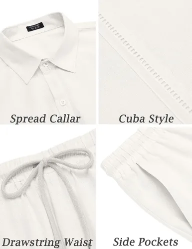Vista 5 de COOFANDY Conjunto de 2 piezas de lino para hombre camisa con botones y pantalones cortos