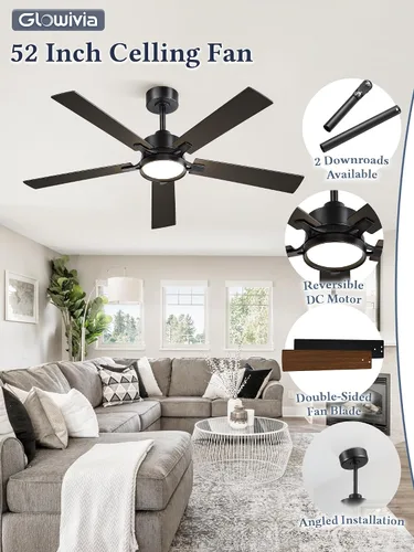 Vista 5 de 52 Inch Ceiling Fan with Lights,APP&Remote Control,DC Motor Black