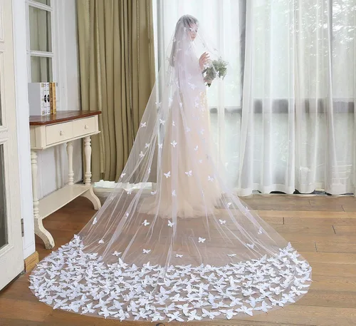 Vista 4 de Newdeve - Velos de boda con diseño de mariposa 2 niveles con peine