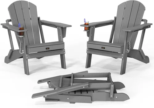 Vista 12 de VINGLI Sillas Adirondack de plástico, plegables con soporte para tazas, material de polietileno de alta densidad impermeable, cómoda capacidad