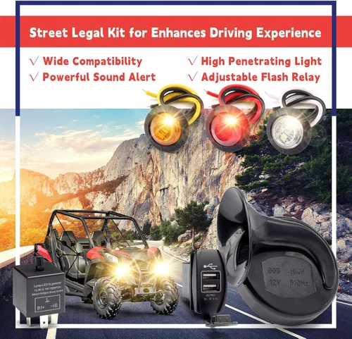Vista 7 de Kit universal de señal de giro ATV UTV SXS para calle con intermitente, bocina de 110DB, luz de marcha atrás, interruptor basculante, USB, relé