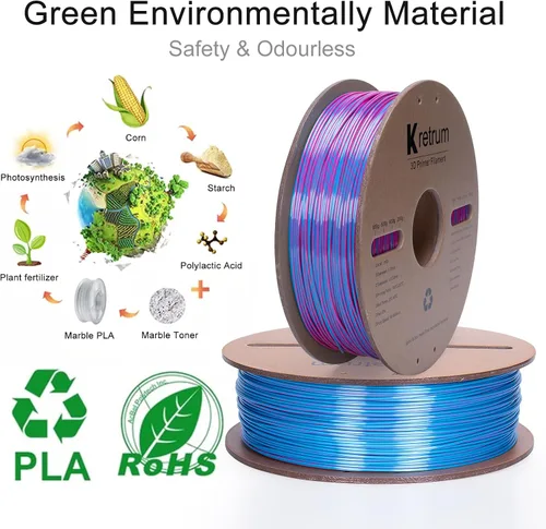 Vista 5 de Kretrum - Filamento de impresora 3D de seda de doble color PLA 1.75mm, filamento PLA de seda con cambio de color para impresión 3D, 1kg / 2.2lbs