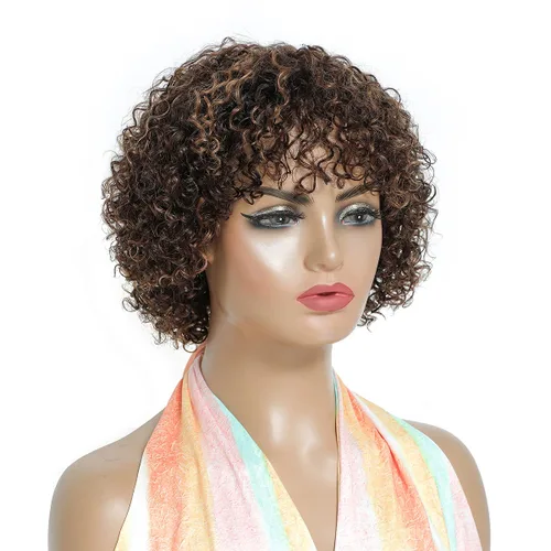 Vista 7 de Peluca de cabello humano rizado estilo Bob para mujeres negras, 150% de densidad, mezcla de castaño caoba, peluca corta sin pegamento por