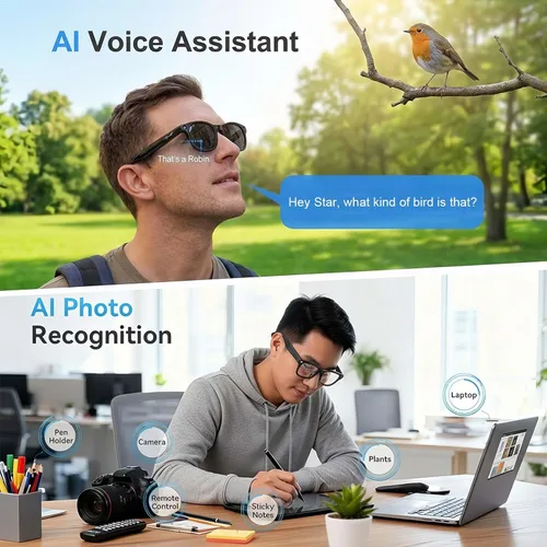 Vista 10 de Gafas inteligentes AI con cámara, gafas de sol de grabación de video Negro
