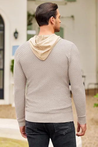 Vista 3 de COOFANDY Sudadera con capucha de punto para hombre, estilo hipster, casual, manga larga, suéter tipo polo ajustado