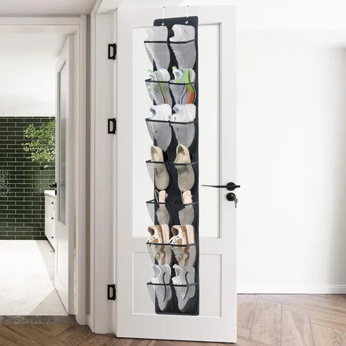 Vista 7 de PVWSG Organizador de zapatos sobre la puerta, 14 bolsillos grandes de malla para colgar zapatos para organizadores de clóset y almacenamiento, Negro