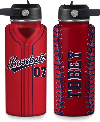 Vista 33 de Hyturtle Botella de agua de béisbol personalizada, botella de acero inoxidable aislada de viaje con tapa a prueba de fugas, 18 onzas, 32 onzas