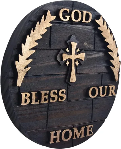 Vista 3 de Placa de madera para colgar en pared y hogar con diseño de Dios bendiga nuestro hogar, decoración y regalo