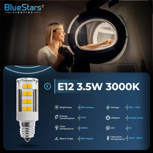 Vista 2 de BlueStars WE05X20431 Bombilla LED para tambor de secadora 3.5W 120V E12 Base de candelabro 3000K blanco cálido - Para GE Whirlpool Kenmore