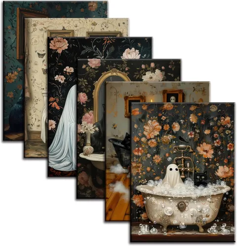 Vista 3 de Póster de Halloween de fantasmas de baño, arte de pared, fantasmas de terror y gato negro en el baño, imágenes retro de terror espeluznante oscuro