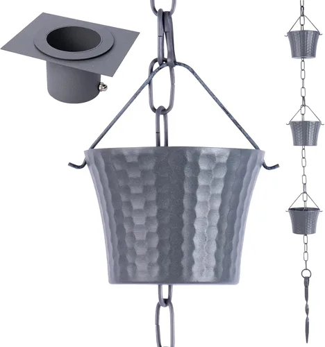 Vista 8 de Juego de cadenas de lluvia de 8.5 pies, no se oxidan, cadenas de lluvia de hierro forjado para canaletas con adaptador para drenaje y estaca
