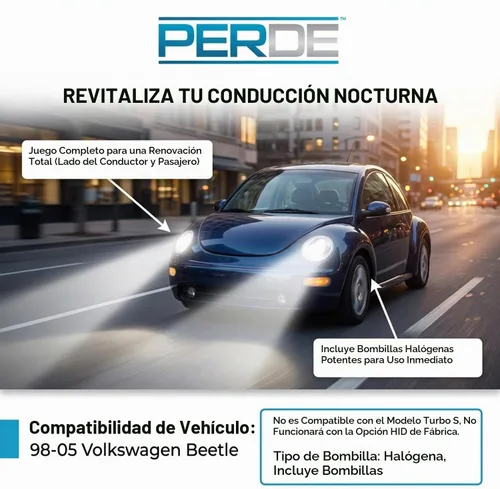 Vista 3 de PERDE set de luces delanteras cromadas, halógenas con cristales de rendimiento, para 1998-2005 Volkswagen Beetle.