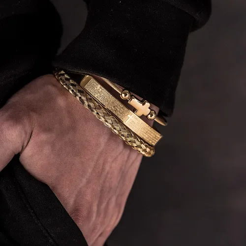 Vista 4 de Juego de pulseras de acero inoxidable Hip Hop para hombre joyería de cruz con dije abierto talla de la Escritura española JX5EU cruz plateada juego A