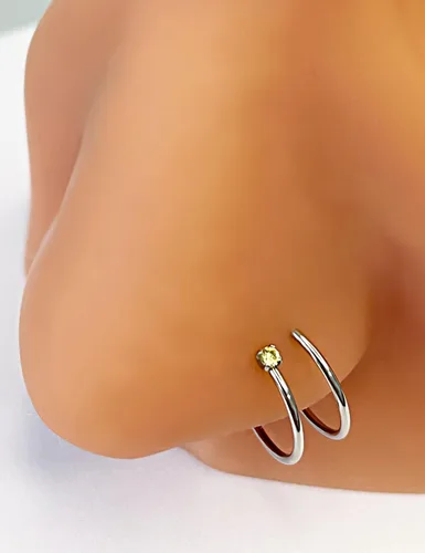 Vista 4 de Aro de nariz doble de 0.78 oz y 0.394 pulgadas para un solo piercing, acero quirúrgico plateado en espiral para mujeres y hombres, piedra natal