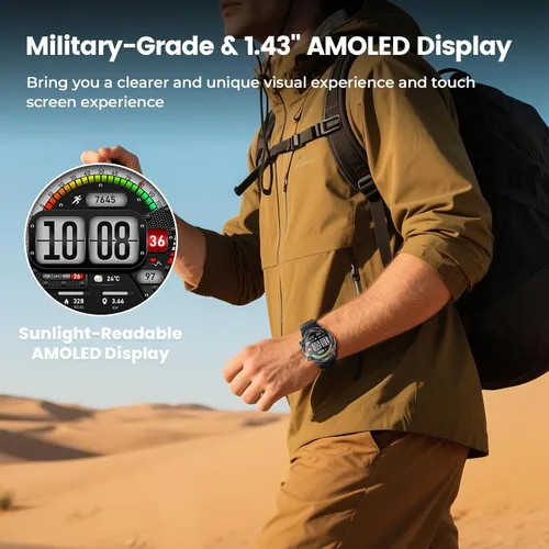 Vista 6 de WalkerFit Reloj inteligente para hombres, pantalla AMOLED redonda de 1.43", 5 ATM resistente al agua, monitor de frecuencia cardíaca y sueño
