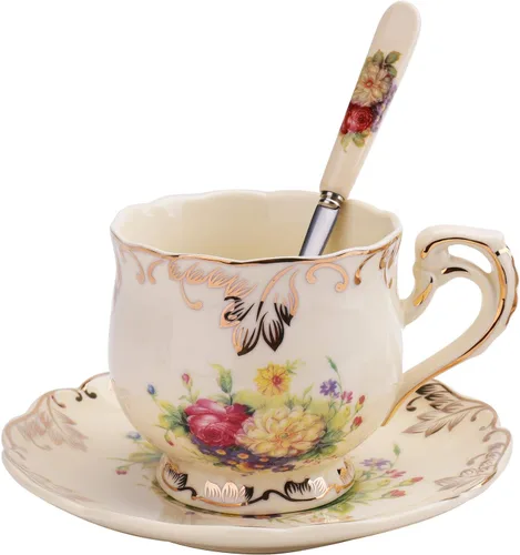 Vista 3 de Foraineam Juego de 2 tazas de té y platillo, 8 oz. Arbustos florecientes de cerámica marfil Taza de té de porcelana floral elegante juego de taza