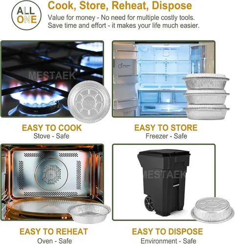 Vista 5 de Sartenes redondos de papel de aluminio de 7 pulgadas con tapas transparentes, paquete de 50 Apto para horno y congelador, diseño desechable, ideal