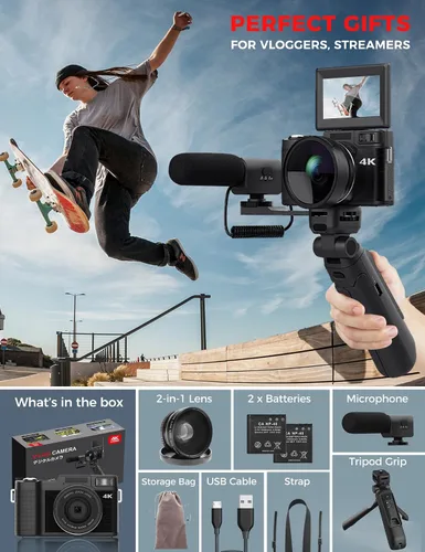 Vista 6 de Cámara Digital 4K con Kit de Accesorios para Creador, Cámara de Vlogging de 48MP con Control Remoto para Vloggers, Enfoque Automático, Pantalla