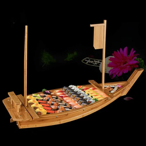 Vista 6 de Bandeja de madera para servir sushi barco, plato de sushi de 20.5 pulgadas para restaurante o hogar, bandeja de sushi de gran tamaño para servir