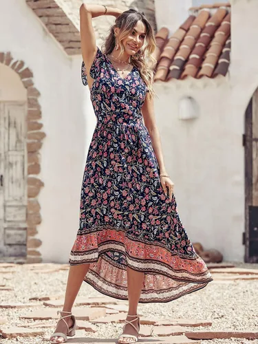 Vista 3 de PRETTYGARDEN Vestido largo de verano para mujer, casual, floral, cuello en V, mangas casquillo, bohemio, alto y bajo, vestido largo de sol
