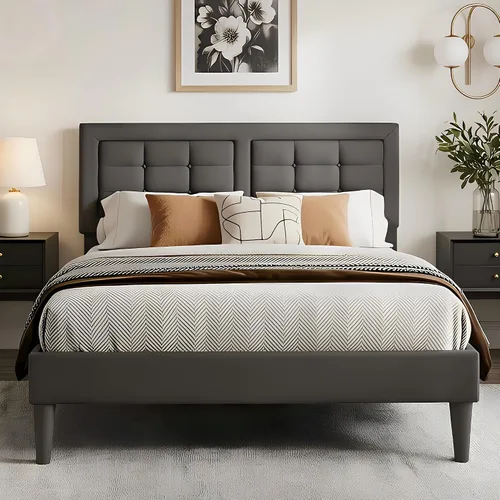 Vista 28 de VECELO Base de cama tamaño matrimonial, cabecera tapizada ajustable con botones, marco de cama resistente con soporte de listones de madera,