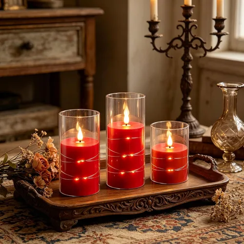 Vista 3 de Da by Paquete de 3 velas cónicas de acrílico transparente rojo sin llama, velas LED parpadeantes de mecha negra con cadena de luces de hadas, velas