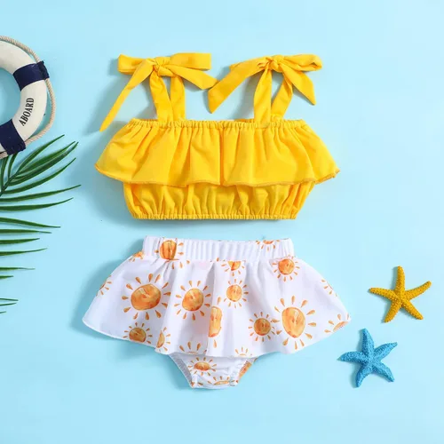 Vista 2 de Traje de baño de dos piezas con estampado de sol para bebé niña con volantes