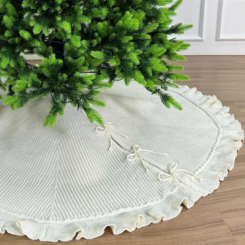 Vista 9 de Suéter de 36 pulgadas con volantes, falda de árbol de Navidad de punto con lazos de encaje, color burdeos