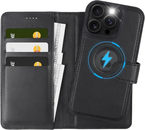 Vista 24 de Funda de piel sintética 2 en 1 para iPhone 13 PRO MAX, funda de piel sintética desmontable con soporte para tarjetas, funda extraíble con bloqueo