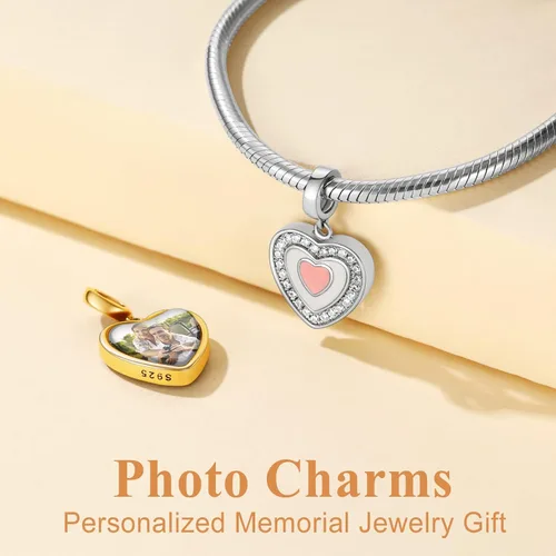 Vista 53 de Custom4U Photo Charms for Bracelets 925 Sterling Silver/Gold Plated Heart/Tree of Life/Round Charm Bead Personalized with Picture Custom