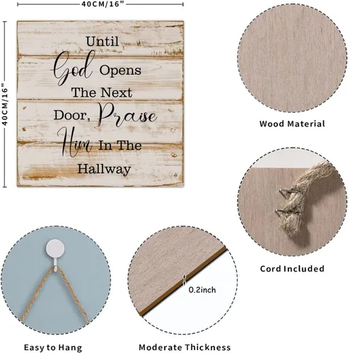 Vista 2 de Letrero de madera con texto en inglés «Until God Opens The Next Door Praise Him in The Hallway»