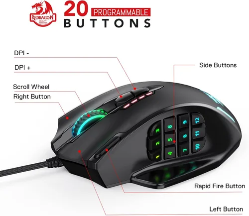 Vista 3 de Redragon Paquete de teclado para juegos M908 MMO Mouse K585