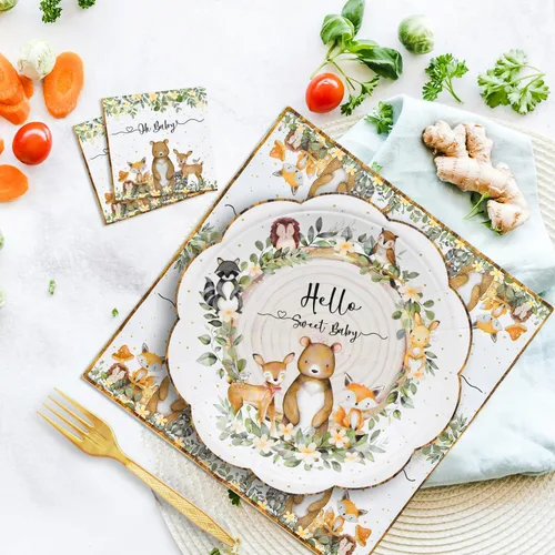 Vista 4 de Juego de vajilla de 96 piezas para baby shower, vajilla desechable de animales del bosque festoneado con platos de papel, servilletas y tenedores