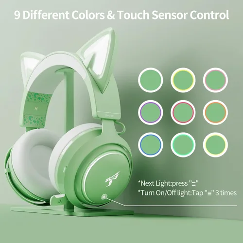 Vista 2 de Auriculares con orejas de gato, auriculares para juegos (inalámbricos, verde)