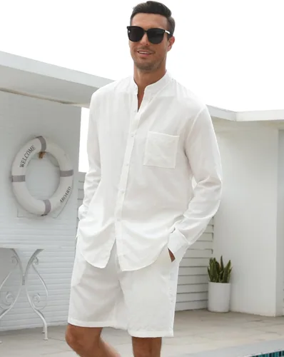 Vista 4 de RPOVIG Conjuntos de lino para hombre, conjuntos de verano de 2 piezas, ropa de vacaciones en la playa, camisas casuales de manga larga, pantalones
