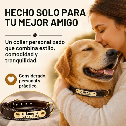 Vista 6 de Collar de cuero para perro personalizado con placa de nombre grabable - Collar con etiqueta de identificación duradera - Collar para perro
