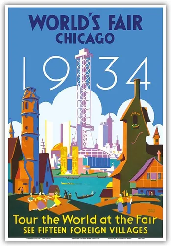 Vista 10 de 1934 World's Fair Chicago - Tour the World at the Fair - Vintage Travel Poster by Weimer Pursell c.1934 - Master Art Print (Unframed) 6in x 9in
