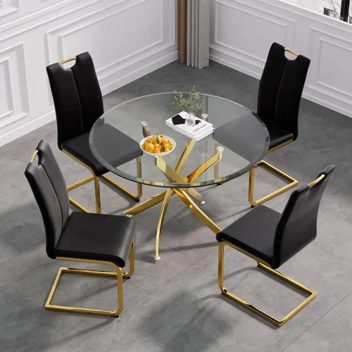 Vista 17 de Juego de mesa de comedor de cristal de lujo de 36 pulgadas para 2, mesa de comedor redonda moderna de 3 piezas con 2 sillas de comedor de cuero