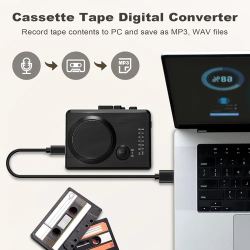 Vista 4 de Reproductor de casete portátil y grabador, convertidor digital de cinta de casete a MP3, estación de radio AM/FM, grabación inversa - Graba desde PC
