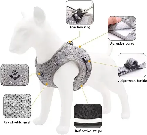 Vista 3 de Juego de arnés y correa para perro, chaleco reflectante ajustable de malla suave transpirable para mascotas, juego de arneses acolchados