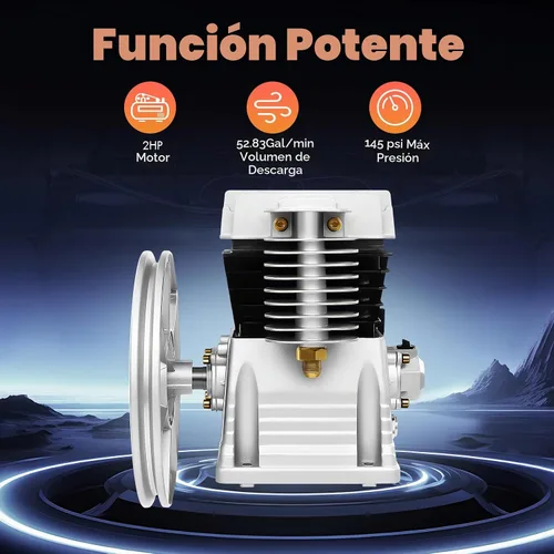 Vista 2 de Bomba de compresor de aire, 2HP 6.18CFM, bomba de lubricación de salpicaduras de aluminio de cilindro gemelo de una sola etapa (2HP, 6.18CFM)