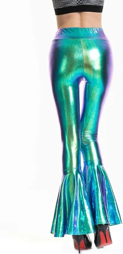 Vista 4 de Pantalones metálicos brillantes y ajustados con parte inferior acampanada para mujer, aspecto mojado, sirena, elásticos, de cintura alta, pantalones