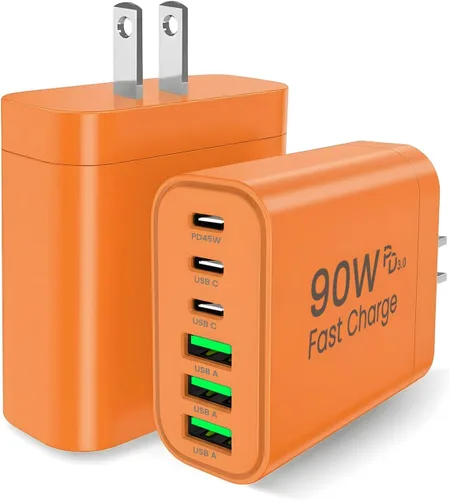 Vista 11 de Bloque de cargador USB C GaN de 90 W, cargador de pared USB C de 6 puertos de carga rápida, adaptador de corriente PD de 45 W para iPhone 17Pro