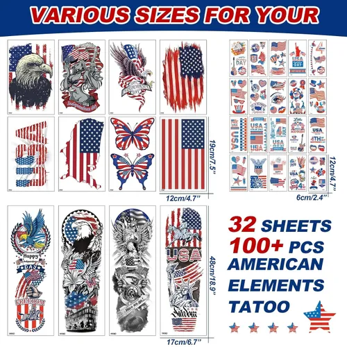 Vista 2 de Tatuajes temporales del 4 de julio, calcomanías de tatuaje falsas de bandera estadounidense, color rojo, blanco y azul, 4 de julio, recuerdos