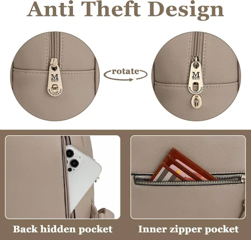 Vista 4 de Mini mochila antirrobo para mujer, bonita mochila escolar para adolescentes y niñas con cremallera segura y borla, Caqui, Mochilas de viaje